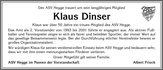 Traueranzeige von Klaus Dinser von Allgäuer Zeitung,Kempten