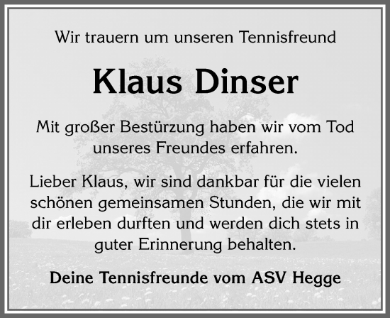 Traueranzeige von Klaus Dinser von Allgäuer Zeitung,Kempten