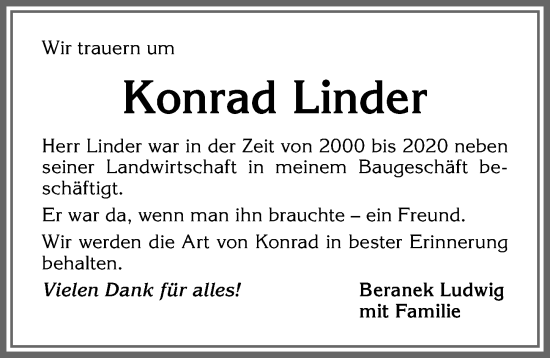Traueranzeige von Konrad Linder von Allgäuer Zeitung, Marktoberdorf