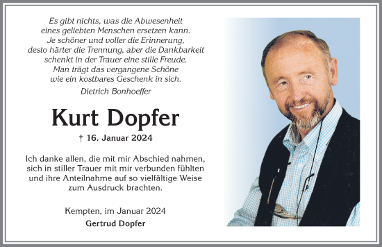 Traueranzeige von Kurt Dopfer von Allgäuer Zeitung,Kempten