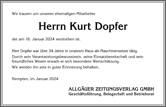 Traueranzeige von Kurt Dopfer von Allgäuer Zeitung,Kempten