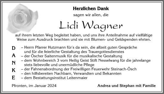 Traueranzeige von Lidi Wagner von Allgäuer Zeitung, Füssen