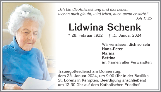Traueranzeige von Lidwina Schenk von Allgäuer Zeitung,Kempten