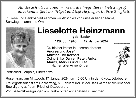 Traueranzeige von Lieselotte Heinzmann von Memminger Zeitung