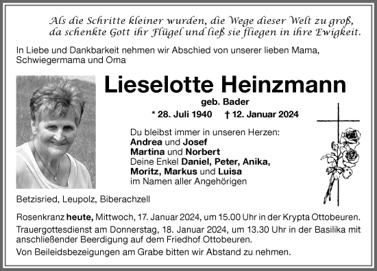 Traueranzeige von Lieselotte Heinzmann von Memminger Zeitung
