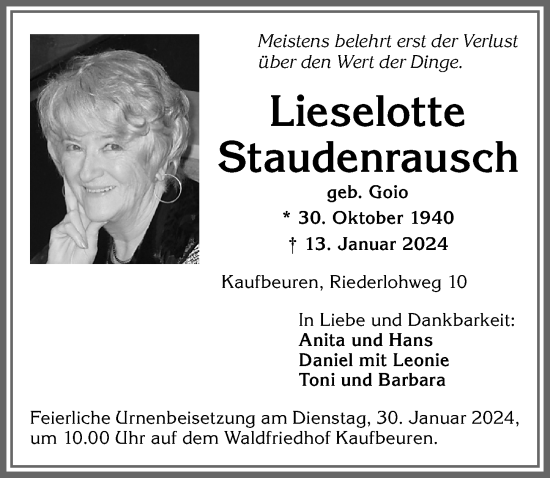 Traueranzeige von Lieselotte Staudenrausch von Allgäuer Zeitung, Kaufbeuren/Buchloe