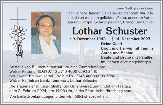 Traueranzeige von Lothar Schuster von Allgäuer Anzeigeblatt
