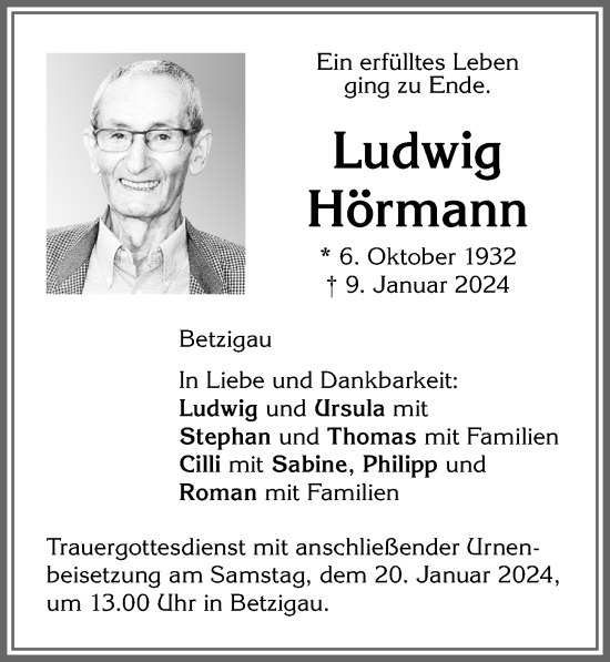 Traueranzeige von Ludwig Hörmann von Allgäuer Zeitung,Kempten