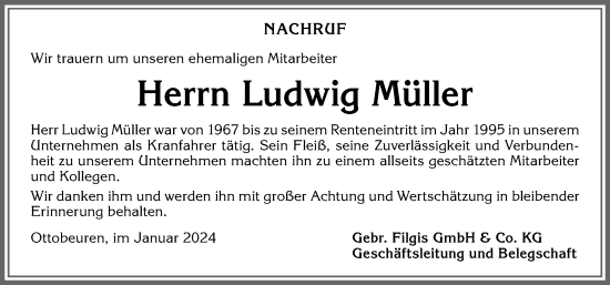 Traueranzeige von Ludwig Müller von Memminger Zeitung
