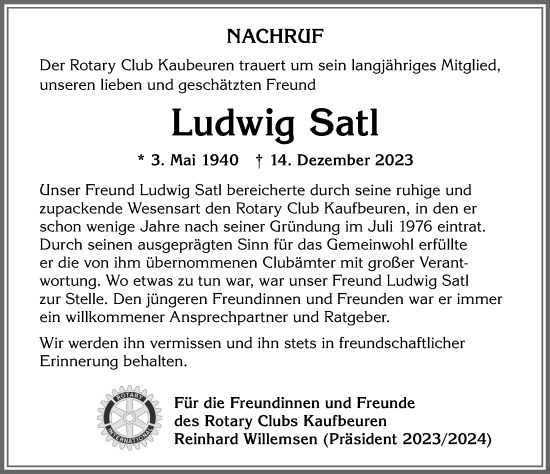Traueranzeige von Ludwig Satl von Allgäuer Zeitung, Kaufbeuren/Buchloe