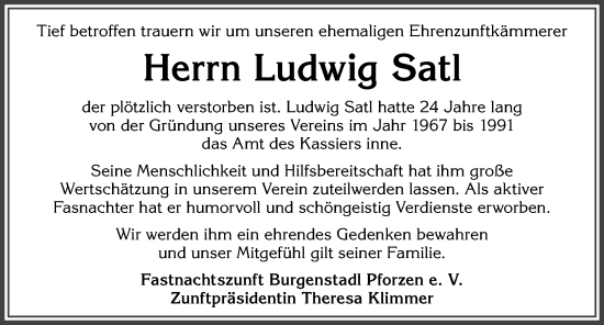 Traueranzeige von Ludwig Satl von Allgäuer Zeitung, Kaufbeuren/Buchloe