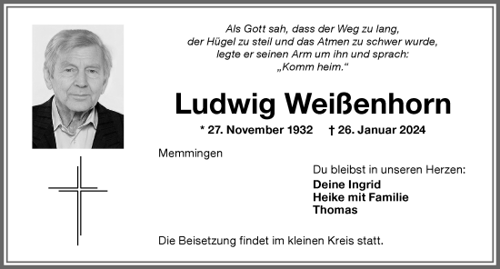 Traueranzeige von Ludwig Weißenhorn von Memminger Zeitung