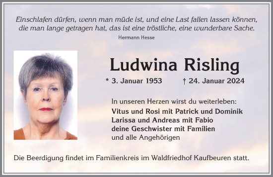 Traueranzeige von Ludwina Risling von Allgäuer Zeitung, Kaufbeuren/Buchloe