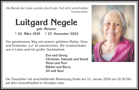 Traueranzeige von Luitgard Negele von Allgäuer Zeitung,Kempten