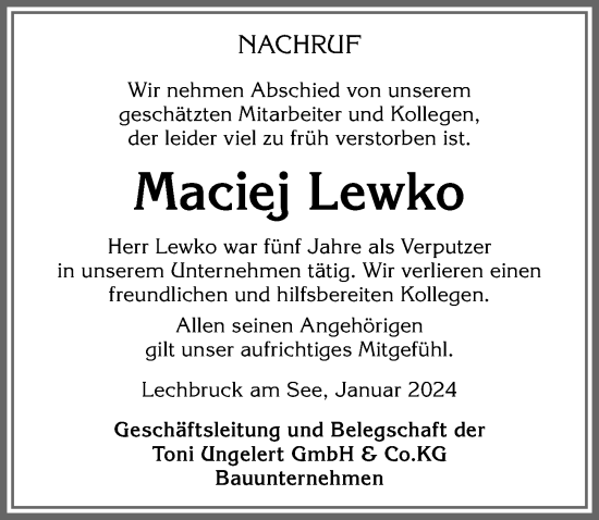 Traueranzeige von Maciej Lewko von Allgäuer Zeitung, Füssen