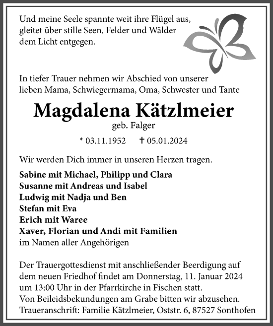 Traueranzeige von Magdalena Kätzlmeier von Allgäuer Anzeigeblatt