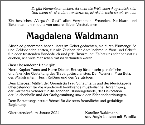 Traueranzeige von Magdalena Waldmann von Allgäuer Zeitung, Kaufbeuren/Buchloe