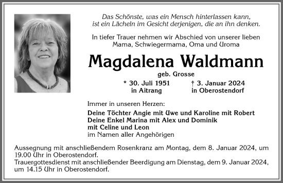 Traueranzeige von Magdalena Waldmann von Allgäuer Zeitung, Kaufbeuren/Buchloe