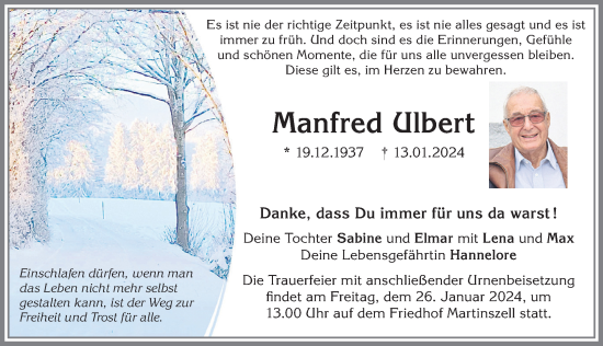 Traueranzeige von Manfred Ulbert von Allgäuer Anzeigeblatt