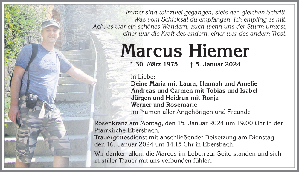  Traueranzeige für Marcus Hiemer vom 13.01.2024 aus Allgäuer Zeitung, Marktoberdorf