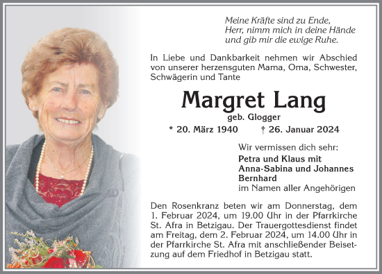 Traueranzeige von Margret Lang von Allgäuer Zeitung,Kempten