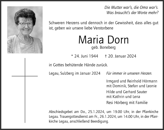 Traueranzeige von Maria Dorn von Allgäuer Zeitung,Kempten