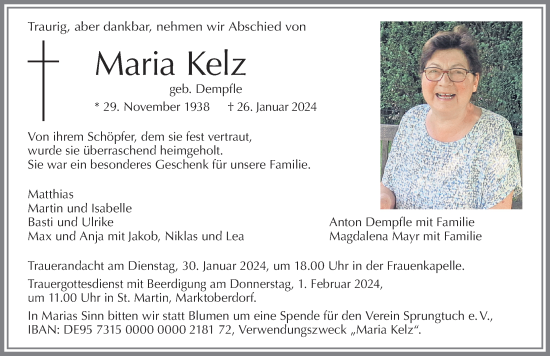 Traueranzeige von Maria Kelz von Allgäuer Zeitung, Marktoberdorf