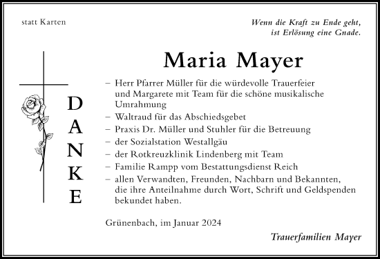 Traueranzeige von Maria Mayer von Der Westallgäuer