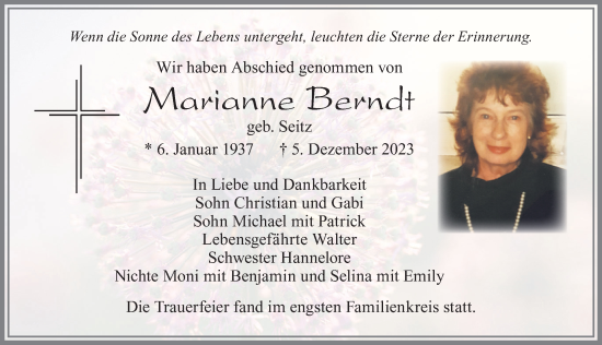 Traueranzeige von Marianne Berndt von Allgäuer Zeitung, Marktoberdorf