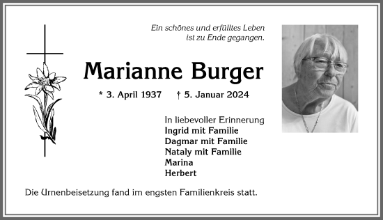Traueranzeige von Marianne Burger von Allgäuer Anzeigeblatt