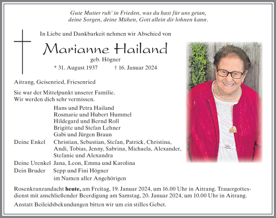 Traueranzeige von Marianne Hailand von Allgäuer Zeitung, Marktoberdorf