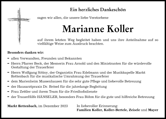 Traueranzeige von Marianne Koller von Allgäuer Zeitung, Marktoberdorf