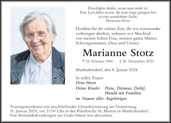 Traueranzeige von Marianne Stotz von Allgäuer Zeitung, Marktoberdorf
