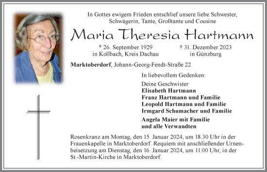 Traueranzeige von Maria Theresia Hartmann von Allgäuer Zeitung, Marktoberdorf