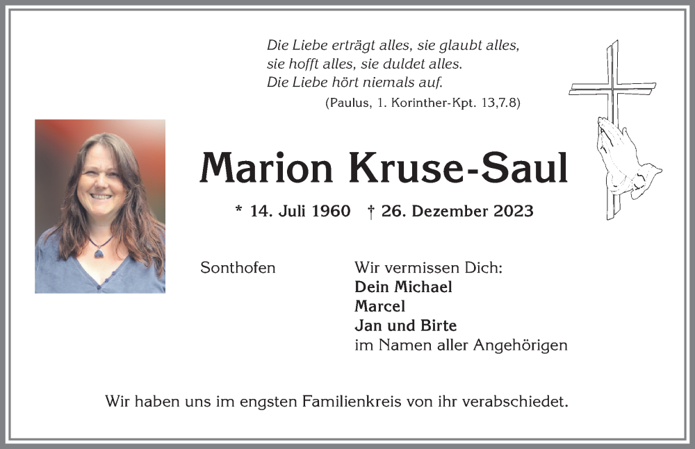  Traueranzeige für Marion Kruse-Saul vom 05.01.2024 aus Allgäuer Anzeigeblatt