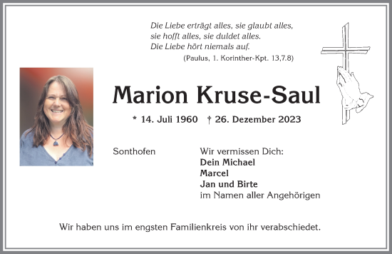 Traueranzeige von Marion Kruse-Saul von Allgäuer Anzeigeblatt