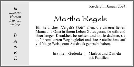 Traueranzeige von Martha Regele von Allgäuer Zeitung, Marktoberdorf