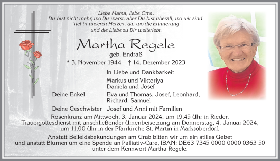 Traueranzeige von Martha Regele von Allgäuer Zeitung, Marktoberdorf