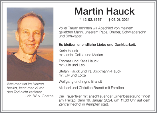 Traueranzeige von Martin Hauck von Allgäuer Zeitung,Kempten