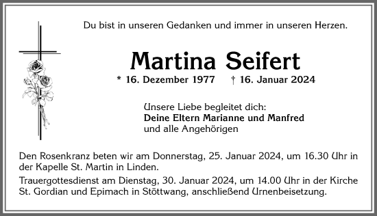 Traueranzeige von Martina Seifert von Allgäuer Zeitung, Kaufbeuren/Buchloe