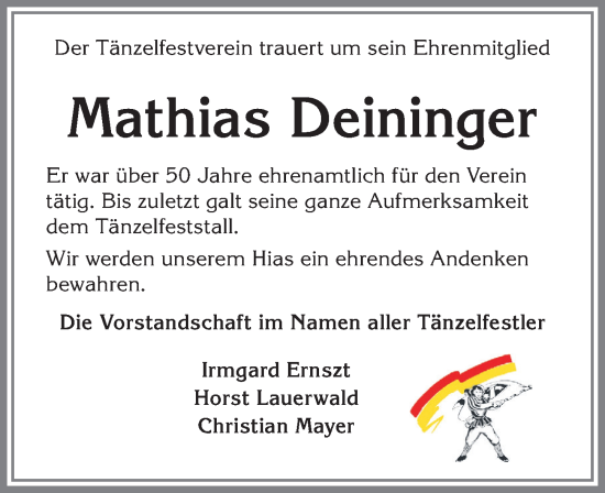 Traueranzeige von Mathias Deininger von Allgäuer Zeitung, Kaufbeuren/Buchloe