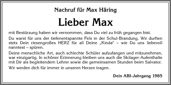 Traueranzeige von Max Häring von Allgäuer Zeitung, Füssen