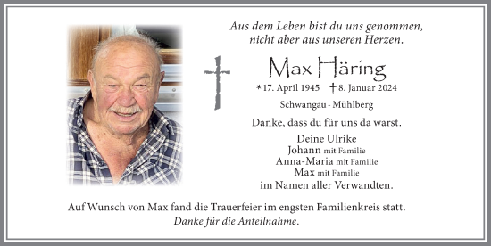 Traueranzeige von Max Häring von Allgäuer Zeitung, Füssen