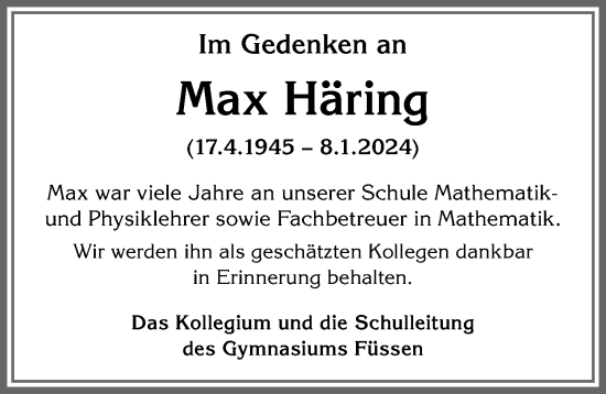 Traueranzeige von Max Häring von Allgäuer Zeitung, Füssen