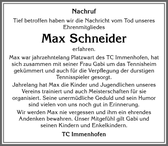 Traueranzeige von Max Schneider von Allgäuer Zeitung, Marktoberdorf