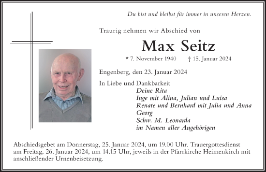 Traueranzeige von Max Seitz von Der Westallgäuer