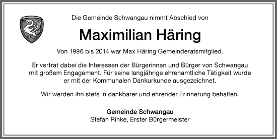 Traueranzeige von Maximilian Häring von Allgäuer Zeitung, Füssen