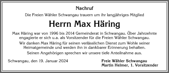Traueranzeige von Maximilian Häring von Allgäuer Zeitung, Füssen