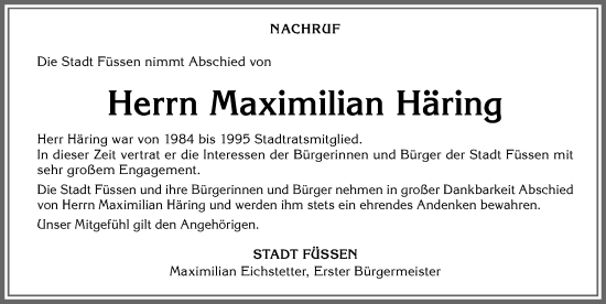 Traueranzeige von Maximilian Häring von Allgäuer Zeitung, Füssen