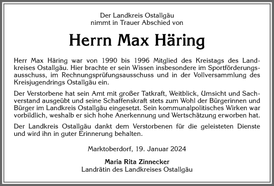 Traueranzeige von Maximilian Häring von Allgäuer Zeitung, Kaufbeuren/Buchloe